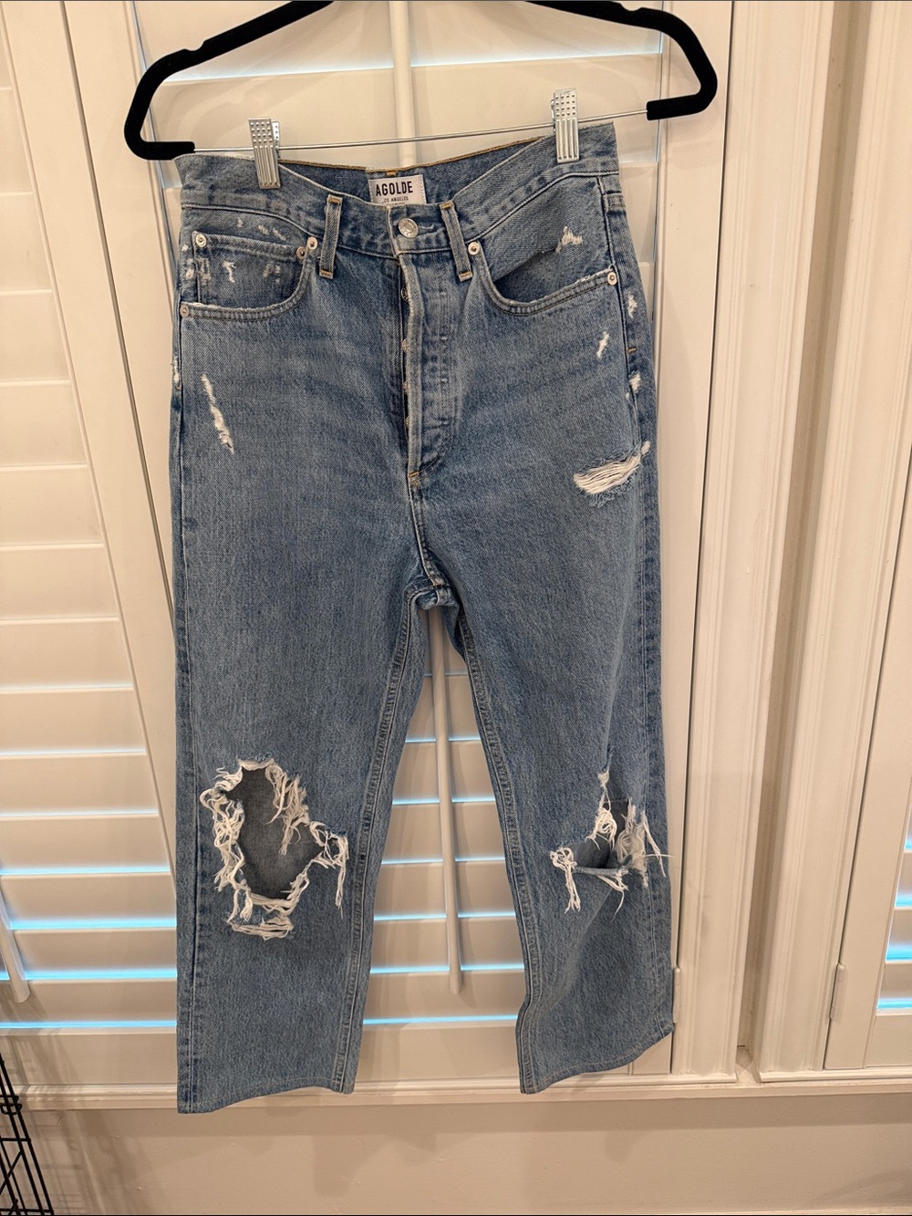 Agolde Light Blue Distressed Straight-Leg Jeans